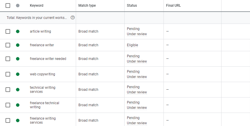 Search keywords in the Google Ads account