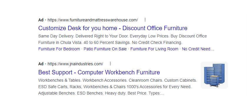 Search ads example for search query computer desks