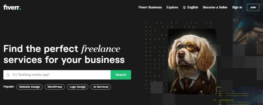 Homepage of Fiverr to hire freelancers for search engine marketing