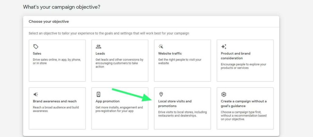 Google Ads campaign objectives with an arrow pointed toward local store visits