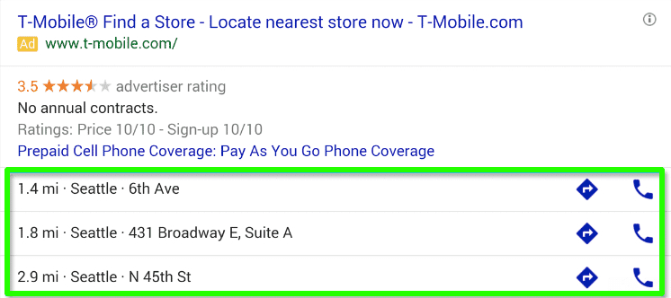 Location extension in a search ad