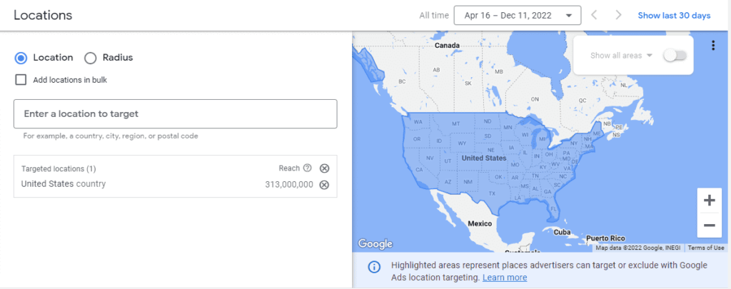 Location tracking settings in Google Ads