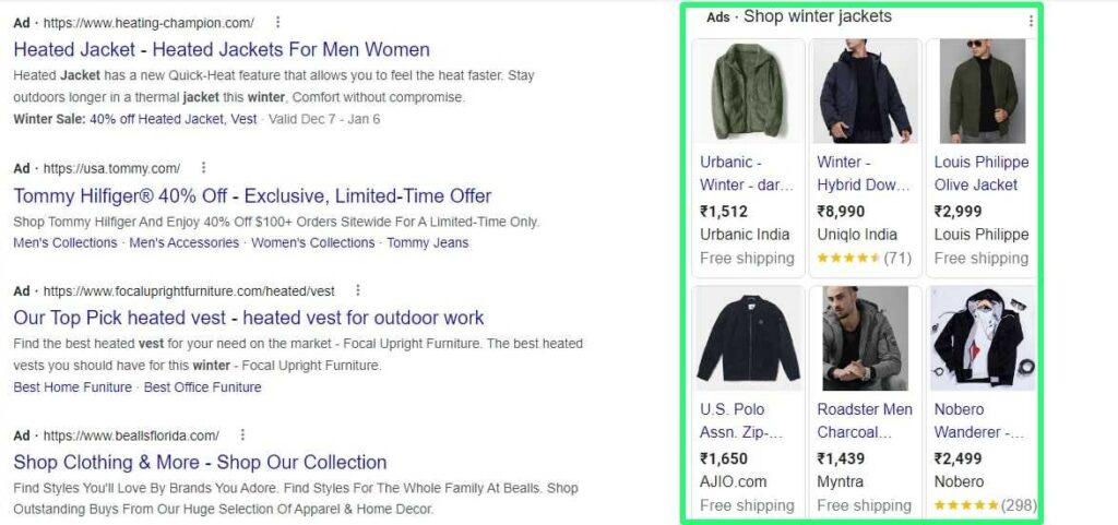 Product listing ads on Google search results page