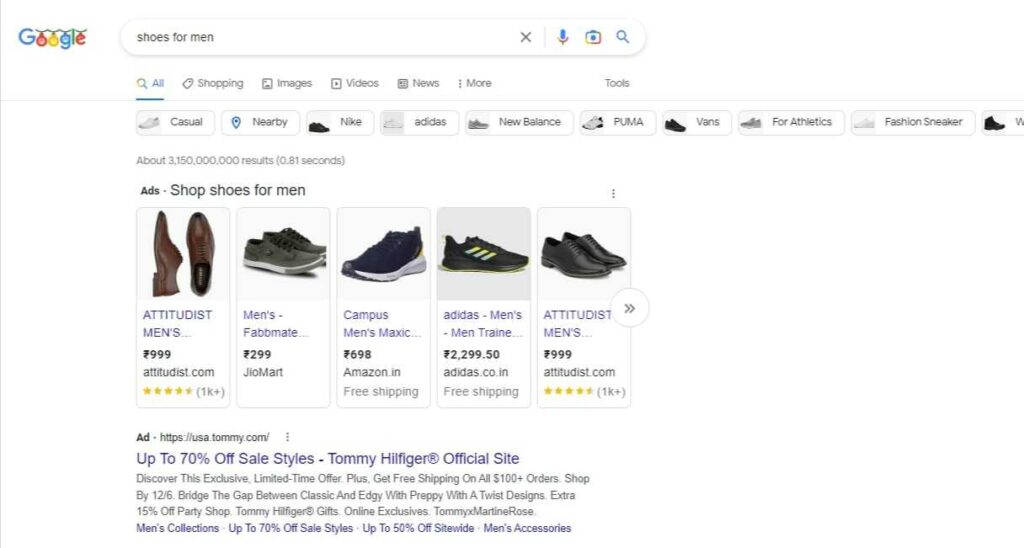 Search ads that showed up for a query “shoes for men”