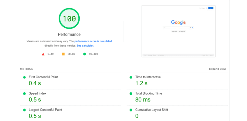 PageSpeed Insights report for Google
