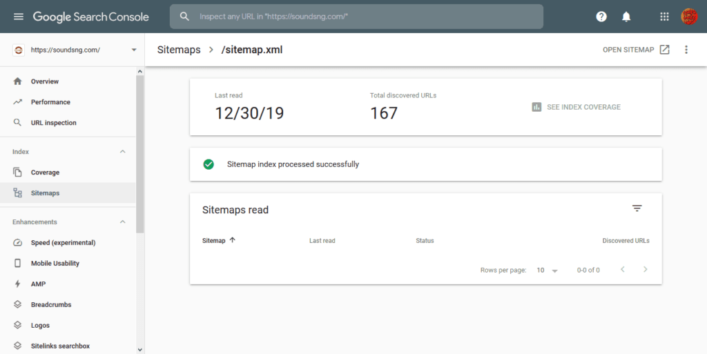 Sitemap page in Google Search Console